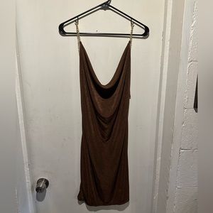 Dark brown dress with gold chain straps